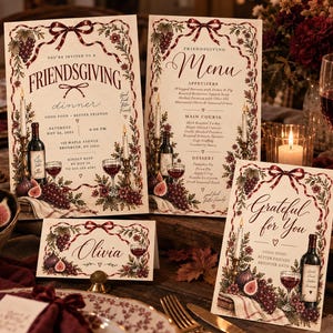 May include: A set of Friendsgiving stationery featuring an invitation, menu, place card, and thank you card. Each piece displays a decorative border of red ribbons, grapes, and figs, with illustrations of wine bottles, glasses, and candles.
