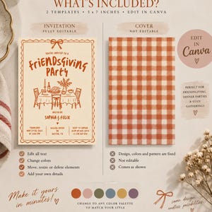 May include: Two 5 x 7 inch Friendsgiving party templates. The left template features a cream background with orange line art of a dining table, text reading Friendsgiving Party, and event details. The right template has an orange gingham pattern.