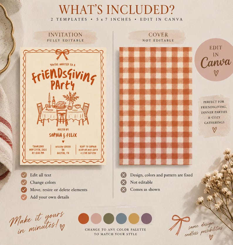 May include: Two 5 x 7 inch Friendsgiving party templates. The left template features a cream background with orange line art of a dining table, text reading Friendsgiving Party, and event details. The right template has an orange gingham pattern.
