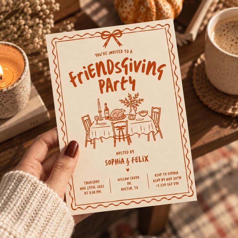 May include: A cream-colored Friendsgiving party invitation card with orange text and illustrations. The card features a bow at the top, a dining table scene, and details including the date, Thursday Nov 27th, 2025, at 8:00 PM, location, and RSVP information for Sophia and Felix.