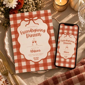 May include: A rectangular Friendsgiving dinner invitation card and a smartphone displaying the same digital invitation, both featuring a red and white gingham pattern, a central scalloped white frame, a bow graphic, and two clinking wine glasses.