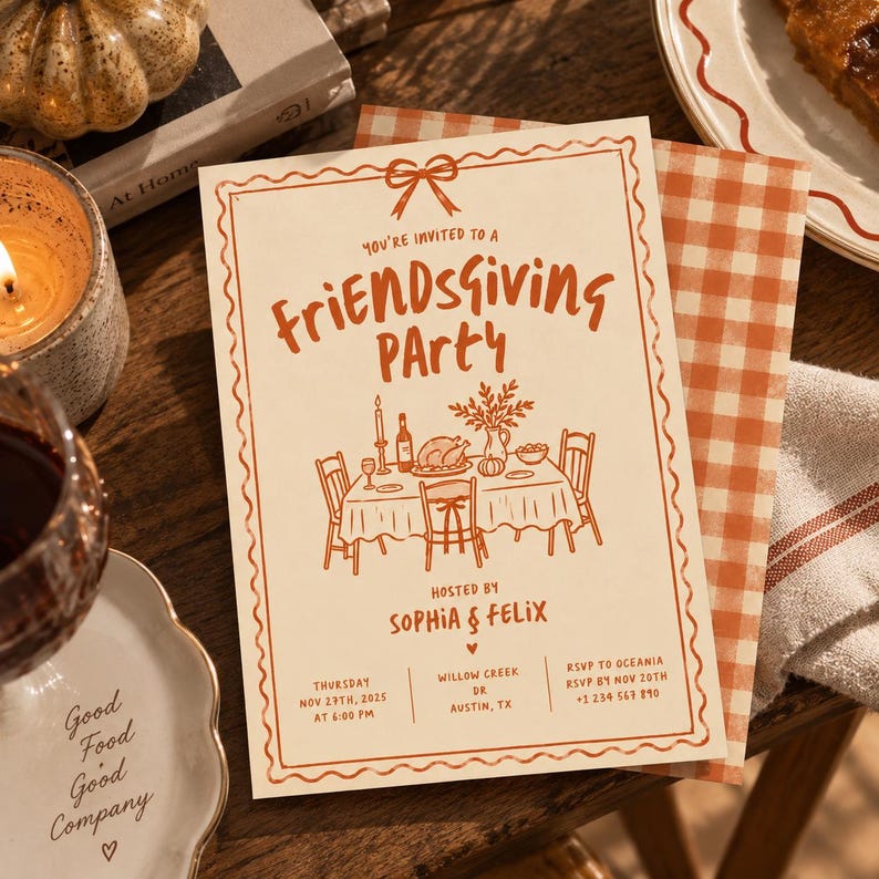 May include: A rectangular Friendsgiving party invitation card with orange text and illustrations on a cream background. The design features a bow at the top, a dining table with a turkey, and text reading You're Invited to a Friendsgiving Party.
