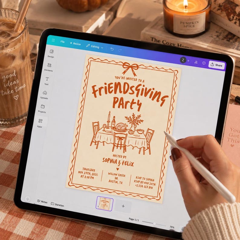 May include: A digital tablet displaying a Friendsgiving party invitation template with orange text and line art on a cream background. The design features a table setting, a bow at the top, and details for a party hosted by Sophia and Felix.