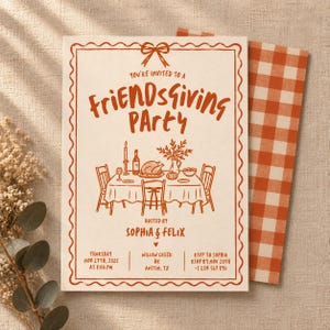 May include: A rectangular Friendsgiving party invitation card with orange text and illustrations on a cream background. The design features a scalloped border, a bow, and a table setting graphic. Text includes date, time, location, and RSVP details.