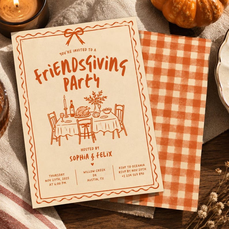 May include: A cream-coloured Friendsgiving party invitation card with orange ink illustrations of a dining table, chairs, and a bow. The text reads: You're invited to a Friendsgiving Party, hosted by Sophia & Felix, with event details.