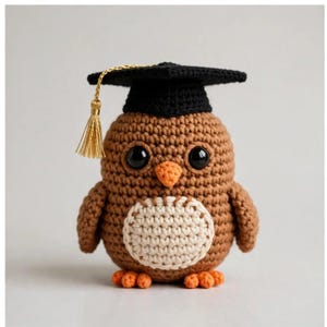 May include: A brown crocheted owl figurine featuring a cream-colored belly patch, orange beak and feet, and large black eyes. The owl wears a black crocheted graduation cap adorned with a gold-colored tassel hanging from the left side.