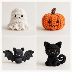 May include: A set of four crocheted figures including a white ghost with pink cheeks, an orange pumpkin with a brown stem, a black bat with white fangs, and a black cat with green eyes and a curled tail, all crafted with yarn.