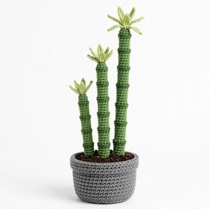 May include: A crochet cactus plant featuring three green, segmented columns of varying heights, each topped with a light green star-shaped bloom. The cactus is planted in a dark brown soil base inside a round, textured gray crochet pot.