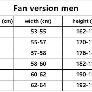 May include: A white table with black text displays a size chart labeled "Fan version men." The chart includes size, length (69-83 cm), width (53-64 cm), height (162-197 cm), and weight (50-104 kg) measurements.