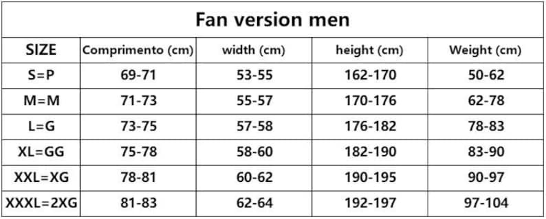 May include: A white table with black text displays a size chart labeled "Fan version men." The chart includes size, length (69-83 cm), width (53-64 cm), height (162-197 cm), and weight (50-104 kg) measurements.