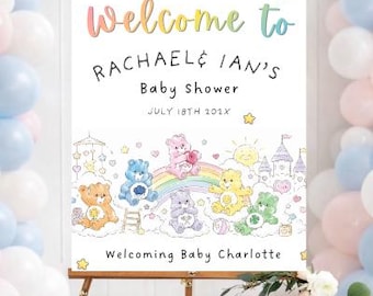 Szablon powitalny na baby shower z motywem tęczy z misiami