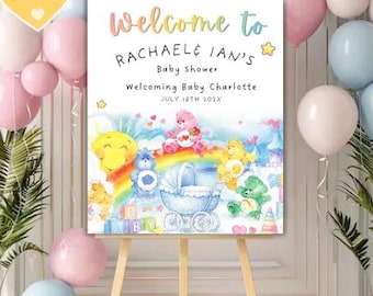 Szablon powitalny na baby shower z motywem tęczy i chmurek „Care Bears”