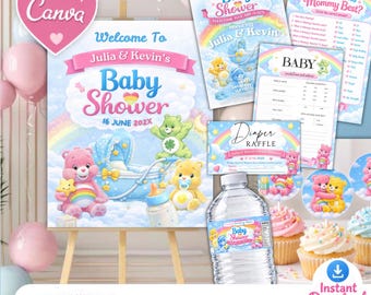 Szablon Canva do edycji zestawu na baby shower Care Bear | Tęczowe zaproszenie na baby shower, gry, tabliczka powitalna, losowanie pieluszek, dekoracje na imprezę