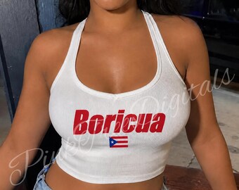 Boricua Halter Crop Top, żebrowany top z flagą Portoryko, styl Y2K Island Girl
