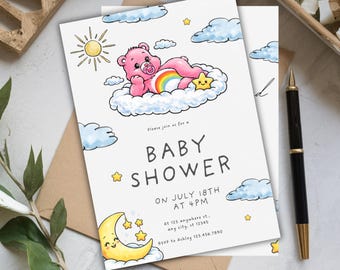 Care Bears Baby Shower Invitation, Pink Bear Rainbow Invite (Canva Download)