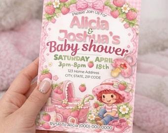 Strawberry Shortcake Baby Shower Invitation, Digital Invite, Canva Editable (Digital Download)