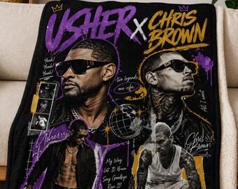 Usher x Chris Brown Collage Velveteen Plush Blanket | R&B Artist Portraits, Purple Gold Graphics