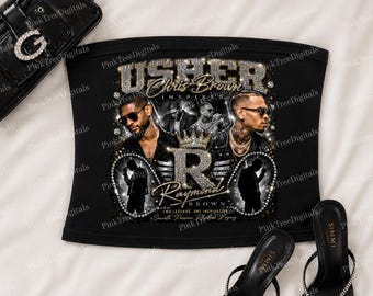 Usher Chris Brown Raymond x Brown Tour Tube Top, R&B Concert Outfit, Rhinestone Graphic Strapless Top