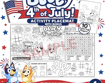 Bluey 4th of July Activity Placemat Kids Independence Day Printable | Summer Party Kids Table Activities | Coloring Bundle