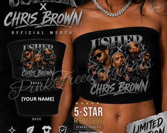 Usher Chris Brown Raymond x Brown Tour Tube Top, Lightning R&B Concert Outfit, Rhinestone Graphic Strapless Top