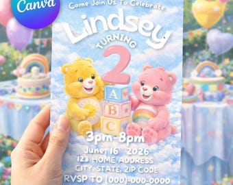 Care Bears Digital Birthday Invitation, Printable Editable Party Invite, Canva Template