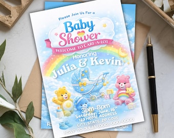 Care Bears Baby Shower Invitation, Editable Canva Template, Welcome to Care-A-Lot (Digital Download)