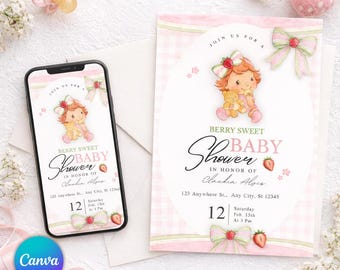 Berry Sweet Strawberry Shortcake Baby Shower Invitation (Canva Editable)