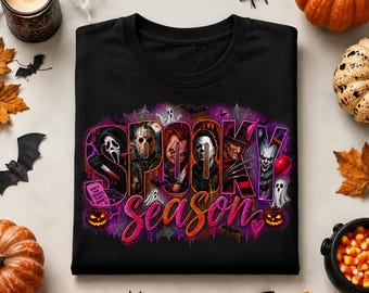 Koszulka z horrorem „Spooky Season”, koszulka z grafiką z filmu „Slasher”, koszulka z ikonami horroru na Halloween, koszulka z retro horrorem