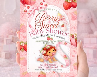 Berry Sweet Strawberry Baby Shower Invitation (Canva Editable)