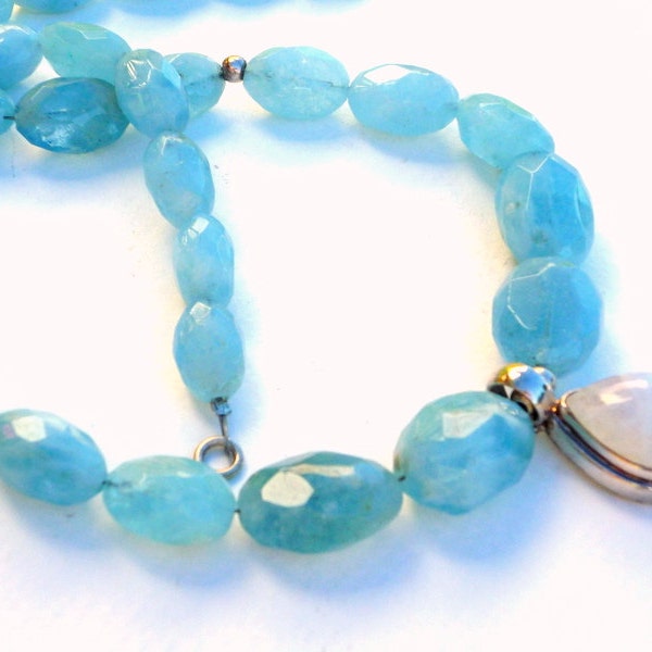 Aquamarine faceted nugget necklace with Sterling Silver  Rainbow Moonstone pendant.Aquamarine,Moonstone necklace.OOAK.