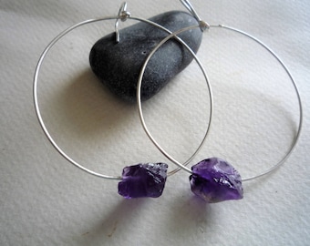 Hoop earrings, Sterling silver hoop earrings,Amethyst gemstone hoop earrings, Large hoop earrings, Rough raw Amethyst gemstone,Chic earrings