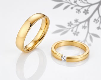 Custom Gold Name Rings, Personalized Couple Wedding Band Set (PVD Plated)