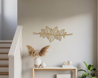 Minimale bladkunst aan de muur, botanisch metalen decorontwerp, moderne, op de natuur geïnspireerde muursculptuur, horizontale metalen muurkunst voor woonkamer