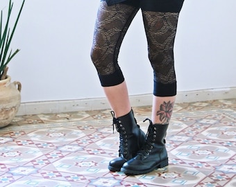 Black Lace Capri Leggings: Sheer Goth Tights - XS
