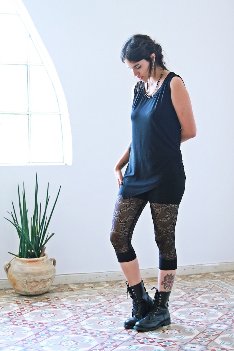 Black Lace Leggings, Sheer Leggings, Capri Leggings, Goth Leggings