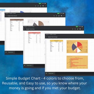 May include: Screenshots of a budgeting app interface, displaying charts and expense tracking in purple, neutral, rose, and orange color schemes. The text reads: "Simple Budget Chart - 4 colors to choose from, Reusable, and Easy to use, so you know where your money is going and if you met your budget."