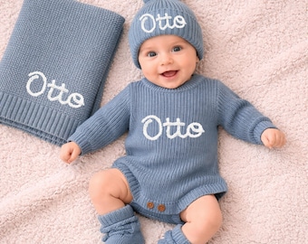Ensemble cadeau personnalisé en tricot pour bébé avec broderie à la main, pull en coton pour bébé barboteuse chapeau bandeau couverture chaussons, cadeau de shower de bébé nouveau-né fille garçon