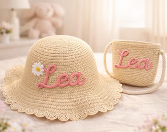 Personalized  Straw Kids Hat and Bag, Custom Name Sun Hat, Toddler Beach Hat, Girl Summer Gift, Girl Vacation Outfit, Kid Birthday Gift