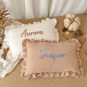 Personalized Baby Name Pillow, Cotton Gauze Nursery Lumbar Cushion, Ruffle Edge Toddler Pillow, Nursery Room Decoration, Baby Shower Gift