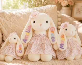 Personlig kaninplysch | Anpassat namn kaningosedjur | Babyshowerpresent | Påskhare | Blommig kanindocka för flickor | Födelsedagspresent för flickor