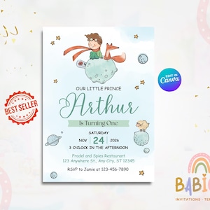 Pode incluir: Um convite de aniversário azul claro com uma ilustração em aquarela de um menino e uma raposa sentados em um planeta. O texto diz: Our Little Prince Arthur Is Turning One, Saturday Nov 24 2026, 3 o'clock in the afternoon, e detalhes RSVP.