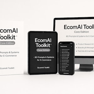 Może przedstawiać: Prezentacja produktu "EcomAI Toolkit" Core Edition. Obraz przedstawia białe pudełko, tablet, smartfon i monitor komputera, wszystkie wyświetlające markę produktu i informacje o podpowiedziach i systemach dla e-commerce.