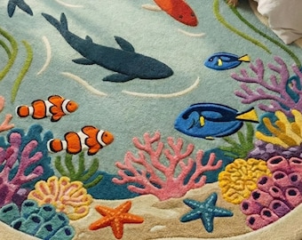 Hand-Tufted Wool Rug: Ocean Fish Design, Kids Nautical Carpet