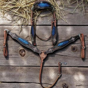 Può includere: Un set di finimenti per cavalli in pelle marrone con accenti glitterati blu e abbellimenti argentati. Il set include una briglia, un pettorale e redini, il tutto esposto su una superficie di legno rustico. I finimenti sono progettati per l'equitazione.
