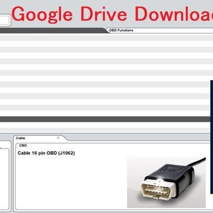 Könnte beinhalten: Ein digitaler Schnittstellenbildschirm mit Fahrzeugdiagnosesoftware, einer Liste von OBD-Funktionen und einem Google Drive-Download-Link. Enthalten sind Bilder eines schwarz-weißen OBD-Diagnosegeräts mit einem 16-poligen Kabel und einem Lenkrad.