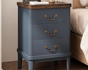 Nightstand with 3 Drawers | Navy Blue Farmhouse Bedside Table | Rustic Wood Top Side Table | Bedroom Storage Cabinet | Gift for housewarming