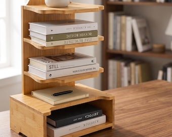 Tiered Bamboo Desk Organizer Shelf | Wood Display Riser with Storage Cubby | Office Bookshelf Stand | Tabletop Decor Rack