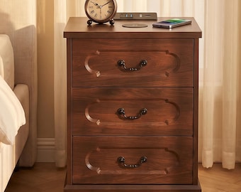 Nightstand with Charging Station & 3 Drawers | Wood Bedside Table | Traditional Bedroom Storage | USB Outlet Side Table