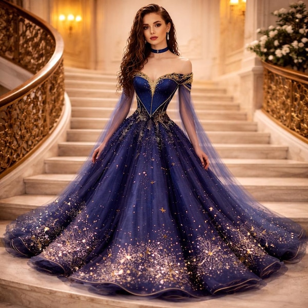 Sapphire Blue Wedding Gown | Gold Appliqué Corset Ball Gown, Custom Fit