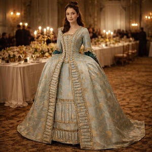 Puede incluir: Una mujer con un vestido histórico azul claro con detalles dorados y una falda amplia. El vestido presenta mangas largas con puños turquesa y ribetes dorados. El fondo muestra un evento formal con mesas y velas.